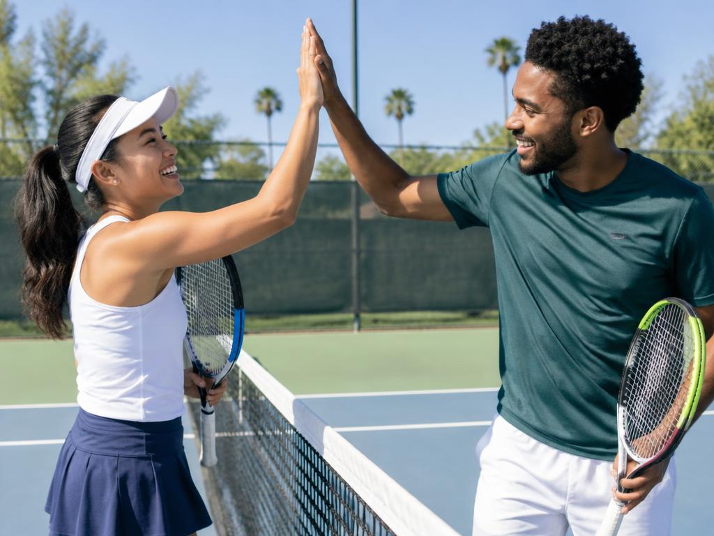Two tennis partners high-fiving at the net